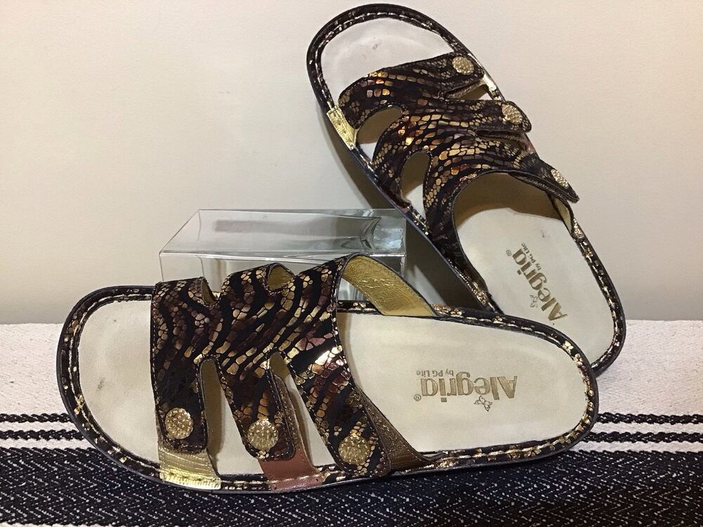 Alegria Leather Fiona Slide Sandals Women Sz40/US 9-9.5 Metallic Animal Print